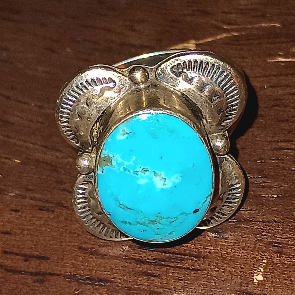 Running Bear Sterling Silver Turquoise Native American Ring Size 7.5